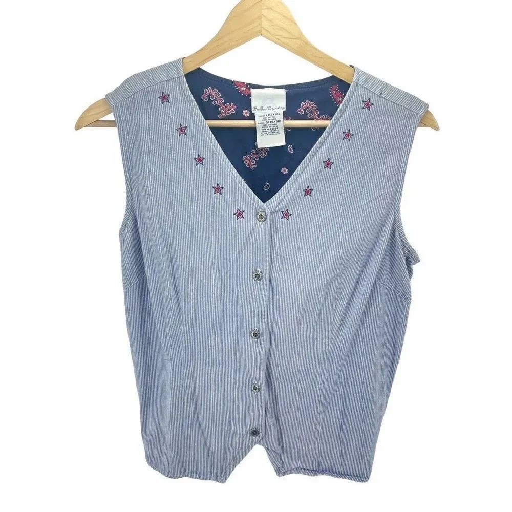 Vintage Bobbie Brooks Women's Blue White Stripe V-Neck Sleeveless Waistcoat Vest